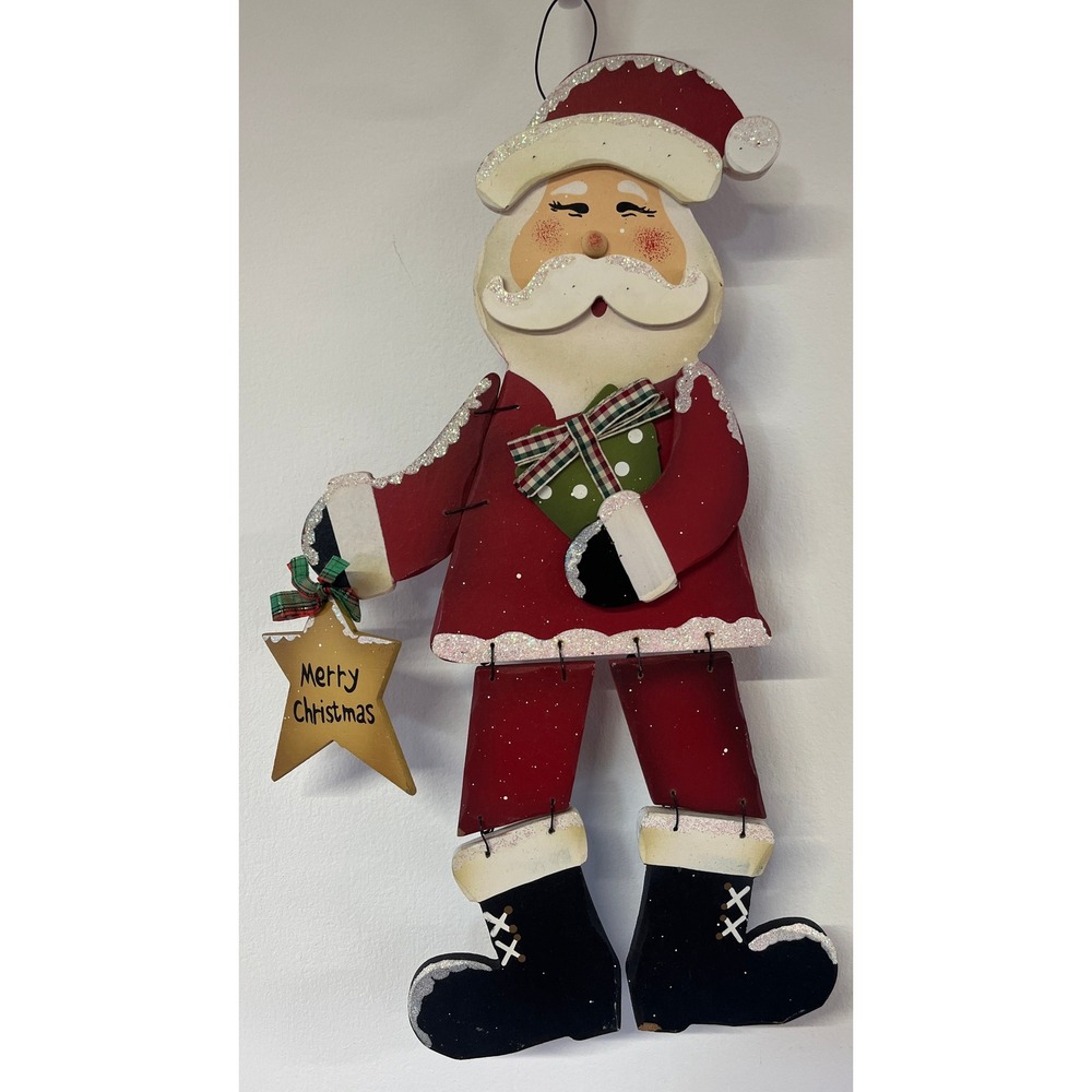 Handmade Wooden Articulated Santa Claus Wall Hanging Merry Christmas Star 18"